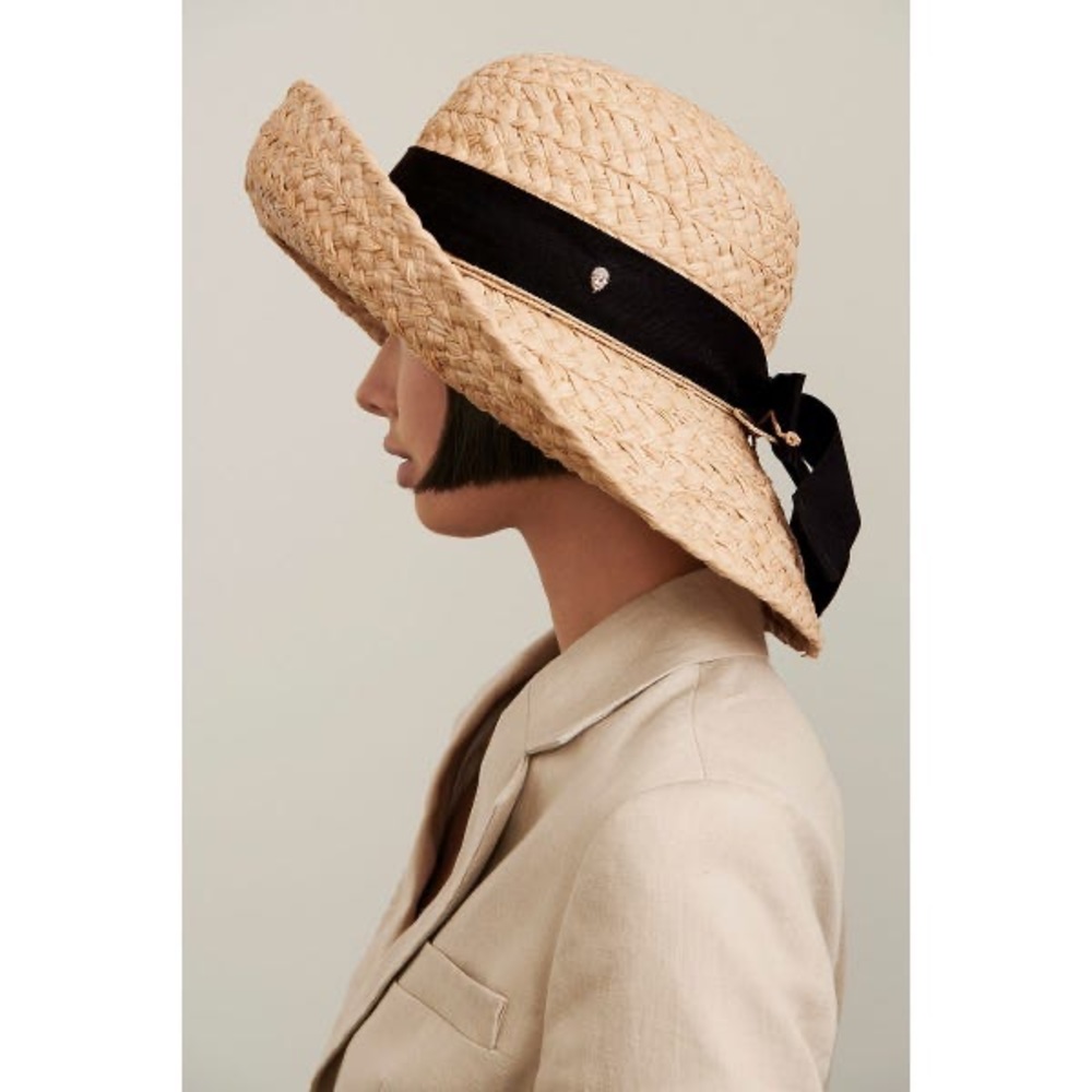 Helen Kaminski Classic 5 Hat & Box in Natural/Black 100% RAFFIA EUC